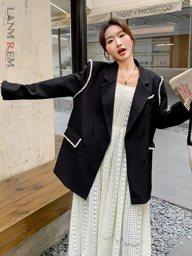 

LANMREM Contrasting Black Blazers With Rough Edges Long Sleeves Loose Style Pocket Coat Office Lady Fashion Clothes New 2DA4704