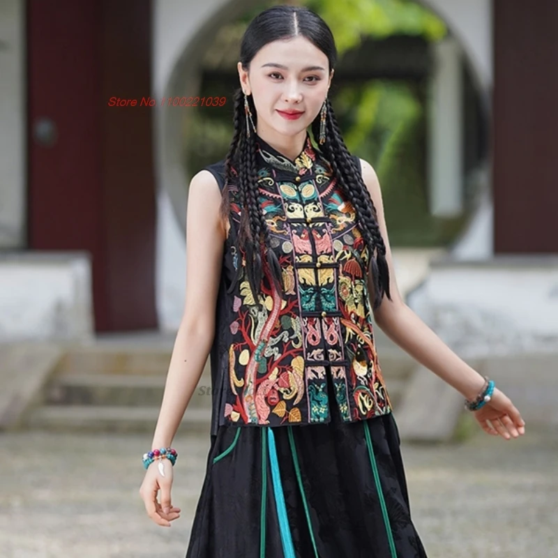 

2025 традиционный этнический жилет с цветочной вышивкой, китайские винтажные топы ханьфу, восточный жаккардовый жилет с воротником-стойкой, куртка без рукавов