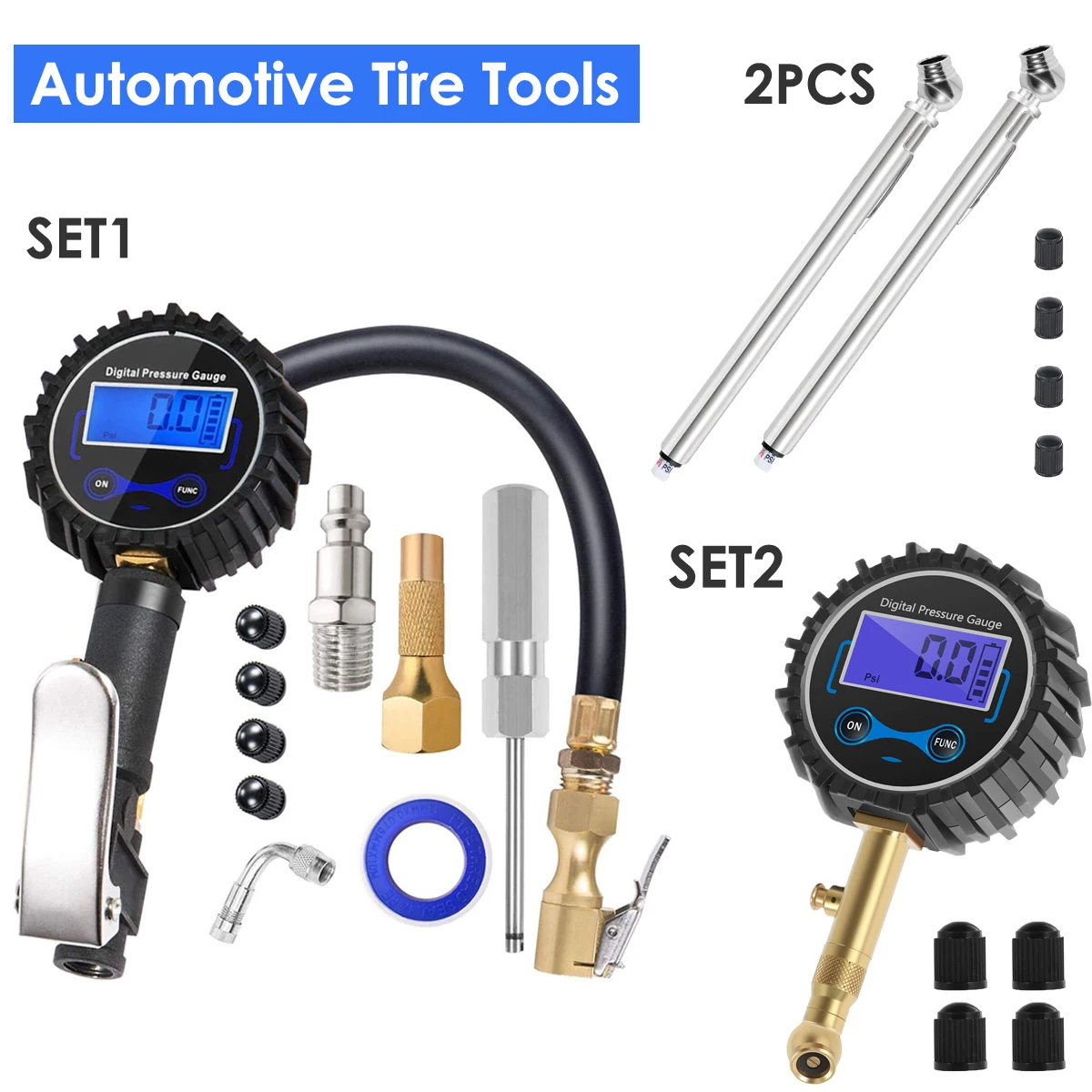 Dial Size Digital Pressure Gauge LCD Backlight Quick Connect Coupler 3-200 PSI Tire Inflator Air Chuck Compressor Accessories