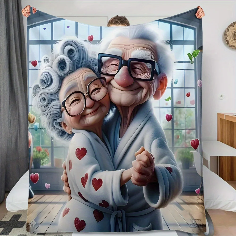 One Cozy Flannel Fleece Blanket Featuring a Design of Elderly Grandparents Dancing, Perfect for All Seasons. It'S Soft And Warm,