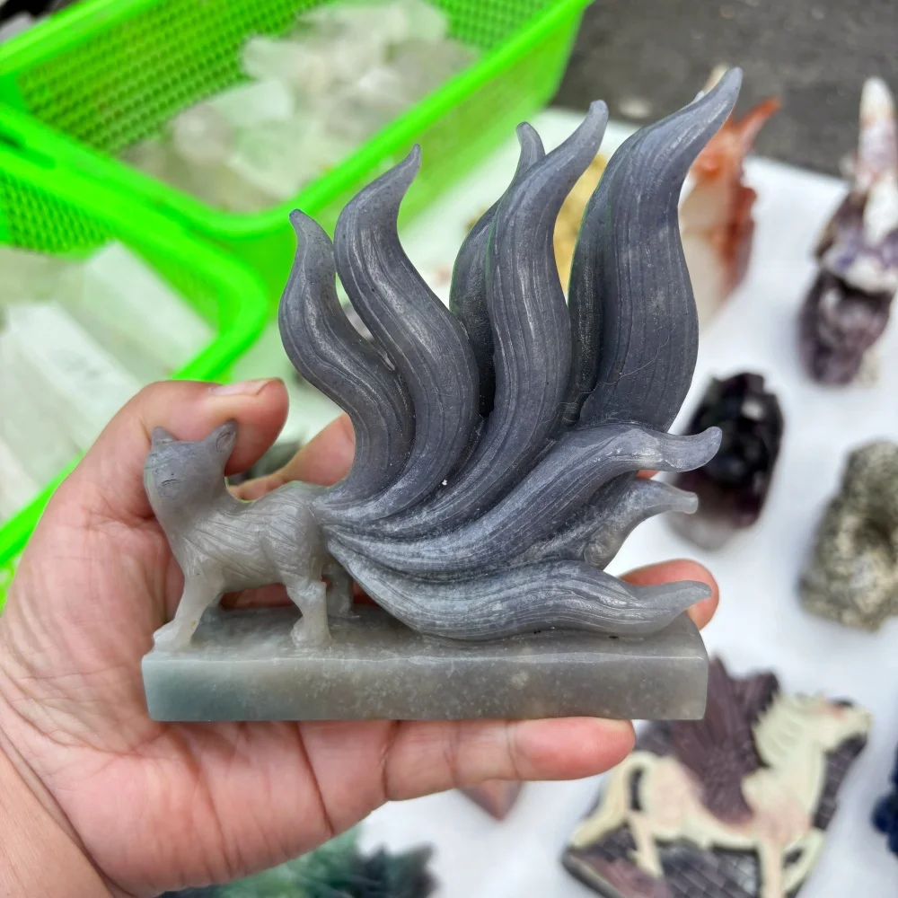Natural Trolleite Quartz Nine‑Tailed Fox Carving Crystal Fox Statue Mythical Beast Altar Home Decor Spiritual Collectible Gift