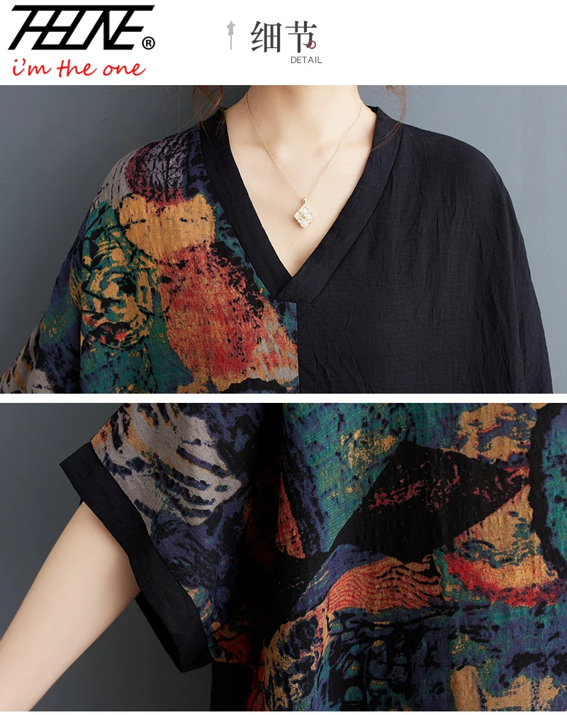 THHONE Summer Dress Women Vintage Loose Print Patchwork Pockets Beach Vestidos De Mujer Casual Bohemian Robe Long Maxi Dresses