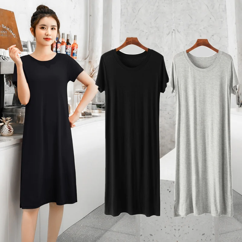 

Loose Modal round Neck Midi Dress Women Summer Short Sleeve T-Shirt Dress A-Line Casual Dress Korean Style Comfortable Dress