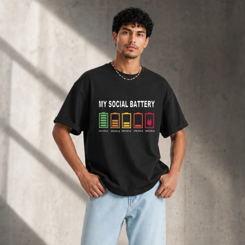 Unisex My Social Battery Funny Introvert Graphic T‑Shirt Colorful Power Level Battery Icon Print O‑Neck Soft Cotton Loose Tees