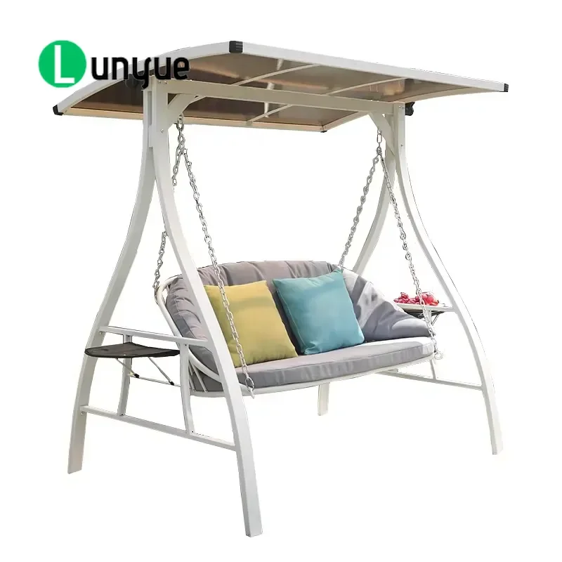 White Iron Frame Double Seat Swing Chair with Cushion Modern Comfortable Outdoor Furniture for Backyard Patio Garden Sunshine