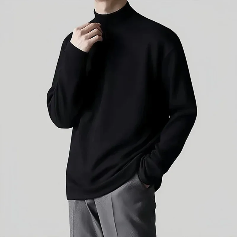 Autumn/Winter New Men's Double-Sided Fleece Versatile Warm Inner Layer Top Half Polo/Turtle Neck Solid Color Long Sleeve T-Shirt