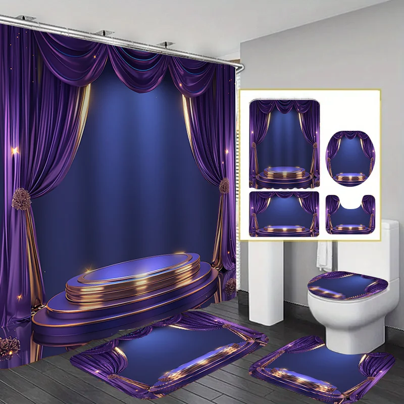 

Gorgeous Purple-Gold Stage-Themed Bathroom Set | Shower Curtain, Mats & Toilet Lid Cover, 4-Piece Set