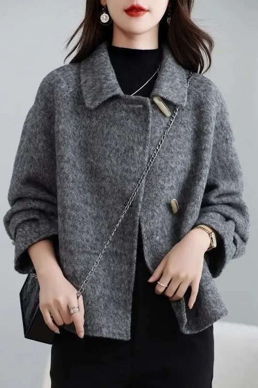 Double-Sided Woolen Short Coat Cashmere Outerwear Tweed 2025 New Small Size Autumn Winter Horned Woolen Jacket  Collar