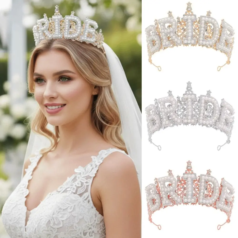 

Shiny White Pearl Letter Crown Wedding Decoration Metal Alloy Rhinestone Headband Headwear Hair Ornaments Bride Tiara