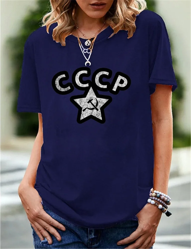 Women T Shirt CCCP Sickle Axe Star Print Short Sleeve Shirt O Neck Loose Women Tshirt Ladies Tee Camisetas Mujer Tops