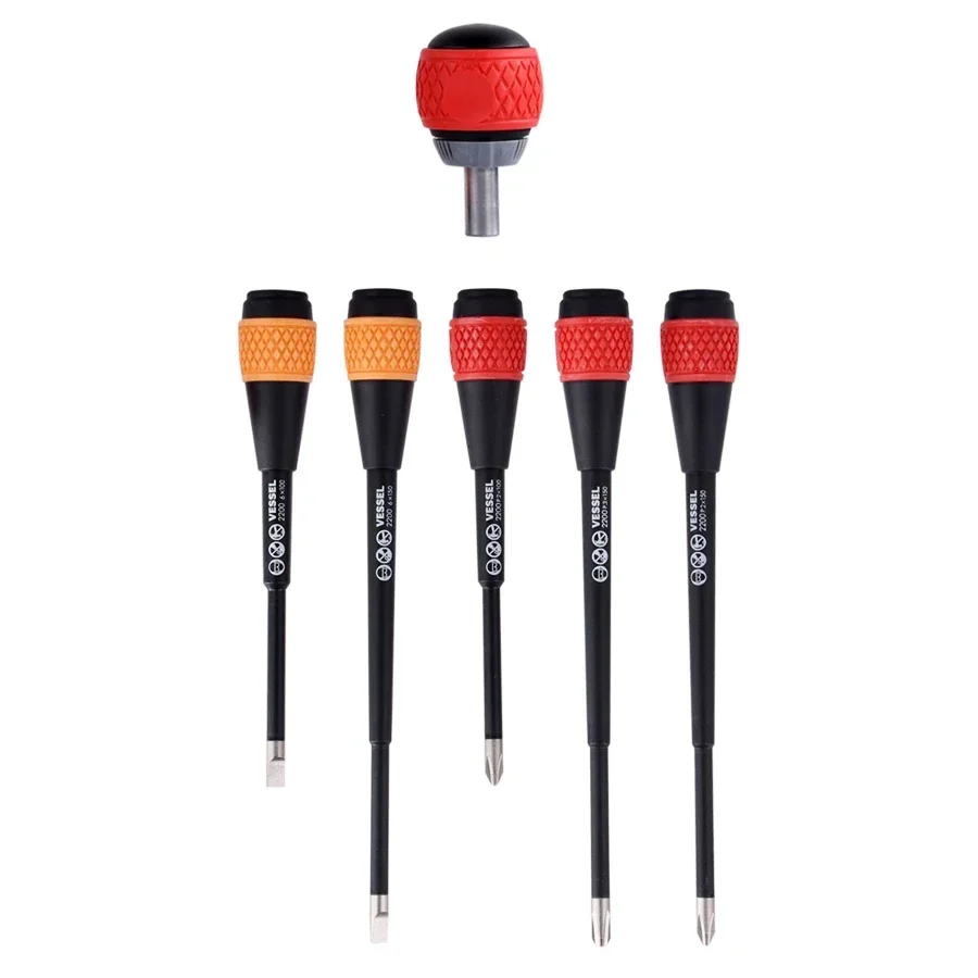 VESSEL 2200B 6-Piece Ball Handle Ratchet Screwdriver Set for Phillips and Slotted Screws Repair Hand Tools