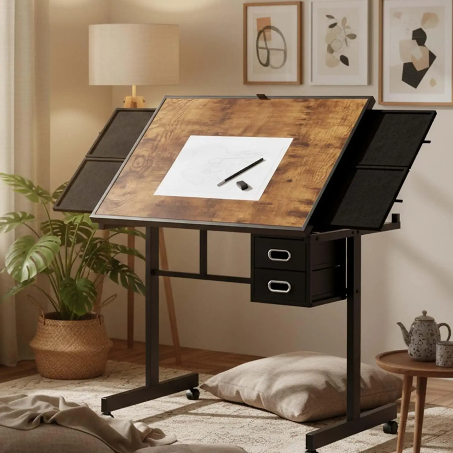 

Adjustable Drafting Table with 4 Trays & 2 Storage Drawers, Multifunctional Tilting Drawing Art Desk, Vintage Drawing Table Art Craft Workstation for Studio Home Office Painting Writing (Style-B)