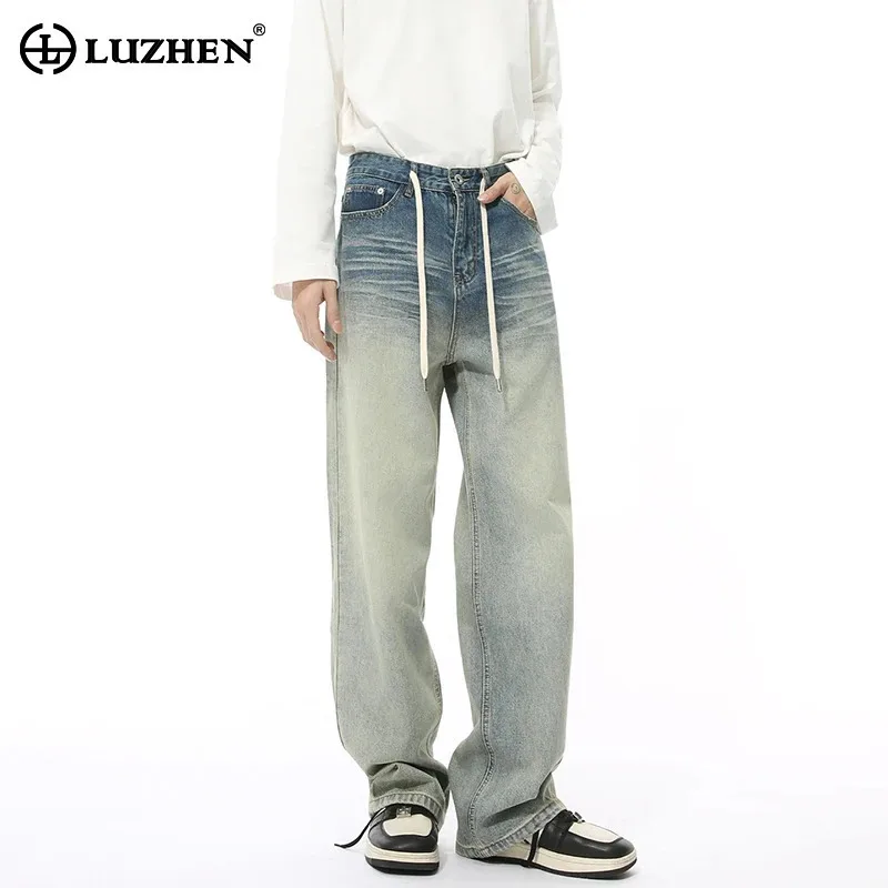 LUZHEN 2024 New Men's Korean Wash Gradient Grinding White Jeans Niche Design Casual Versatile Street Wide Leg Denim Pants LZ8288