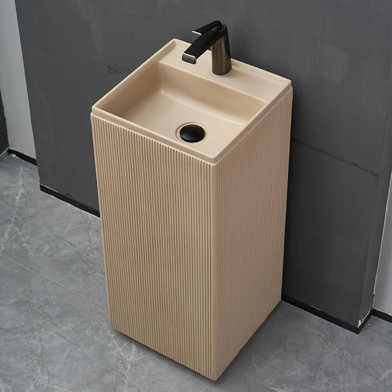 

Modern simple cream color column basin artificial stone creative vertical sink integrated floor type sink