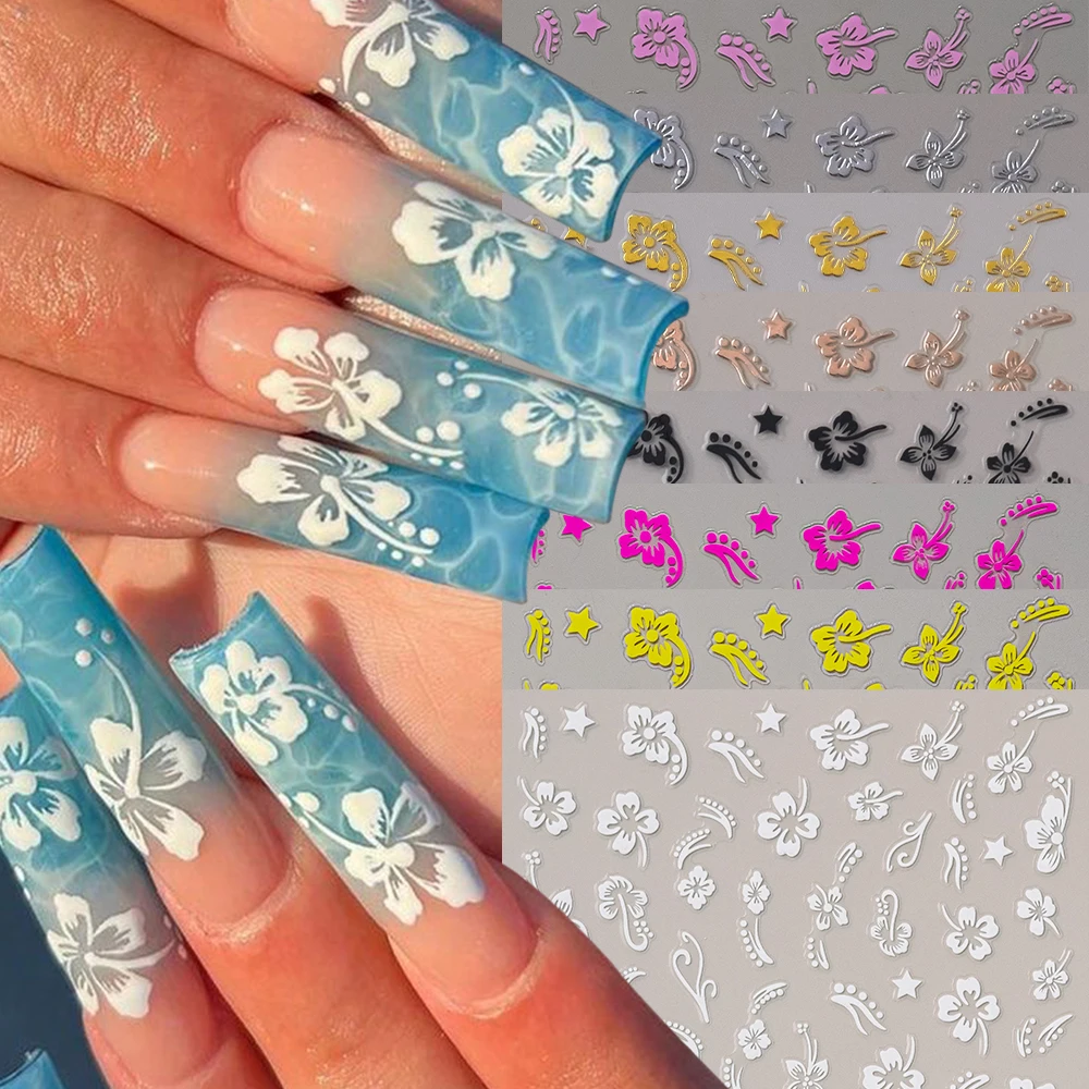 8Colors/Set Hibiscus Flowers 3D Nail Sticker Holographic Silver Gold White Hollow Hibiscus Sliders For Nails Floral Decoration