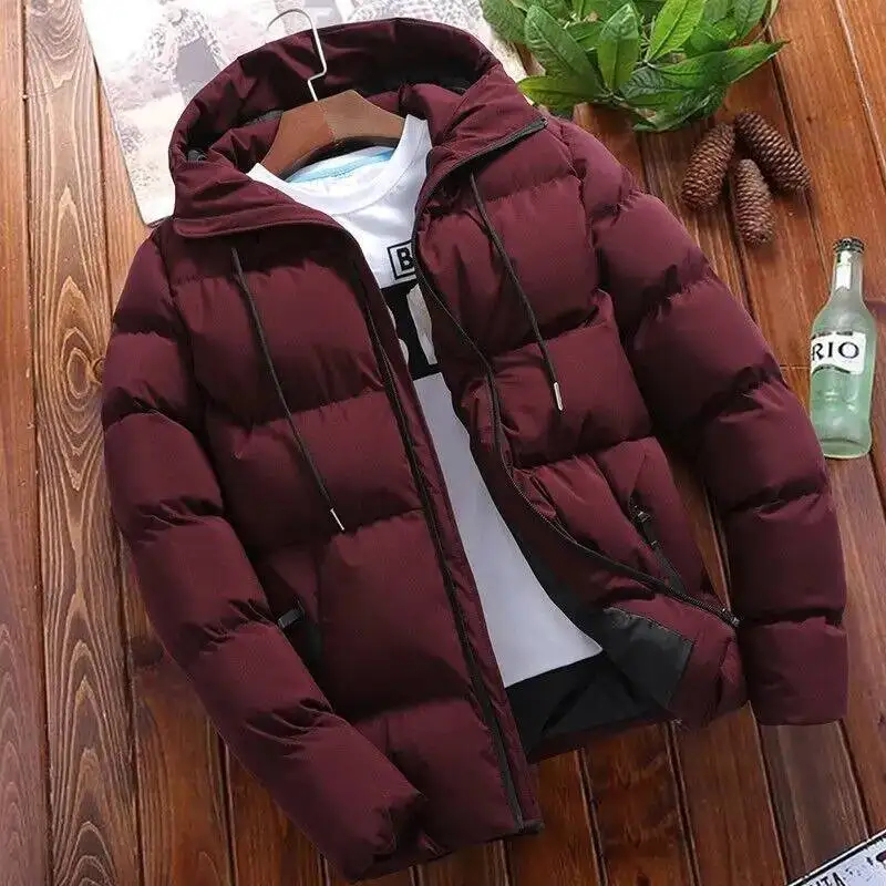 Chaqueta de algodón gruesa de invierno, abrigo de estilo coreano a la moda con capucha, abrigo informal para hombre, cierre de cremallera de color puro