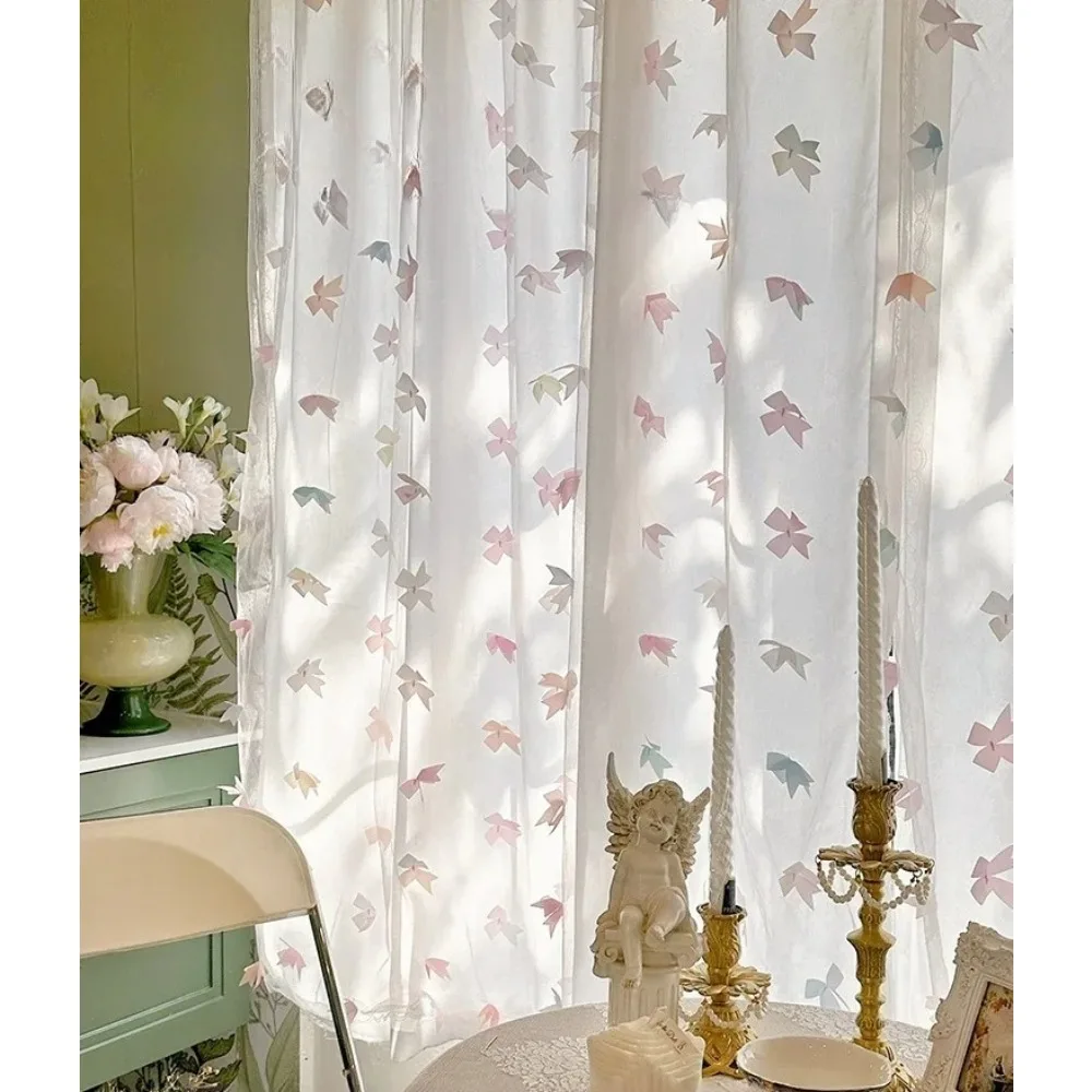 French Opaque Lace Double-layer One-piece Bow Gauze Curtain Korean Princess Style Bedroom Curtain Half Curtain 1pc Rod Pocket