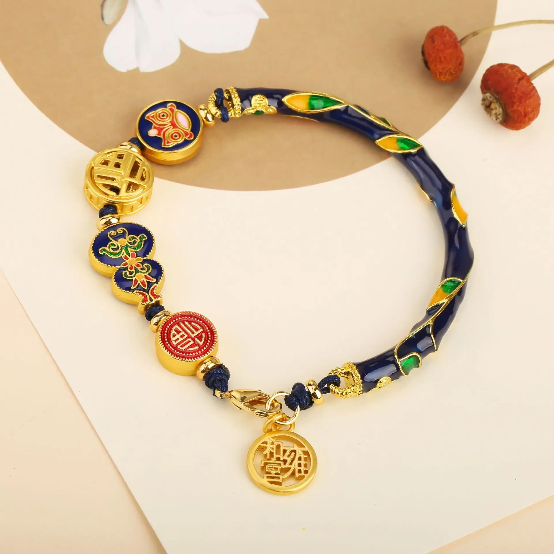 

Chinese Style Bracelet Antique Cloisonné Blue Painted Lion Lucky Word Gourd Half Bracelets String Jewelfy Gifts