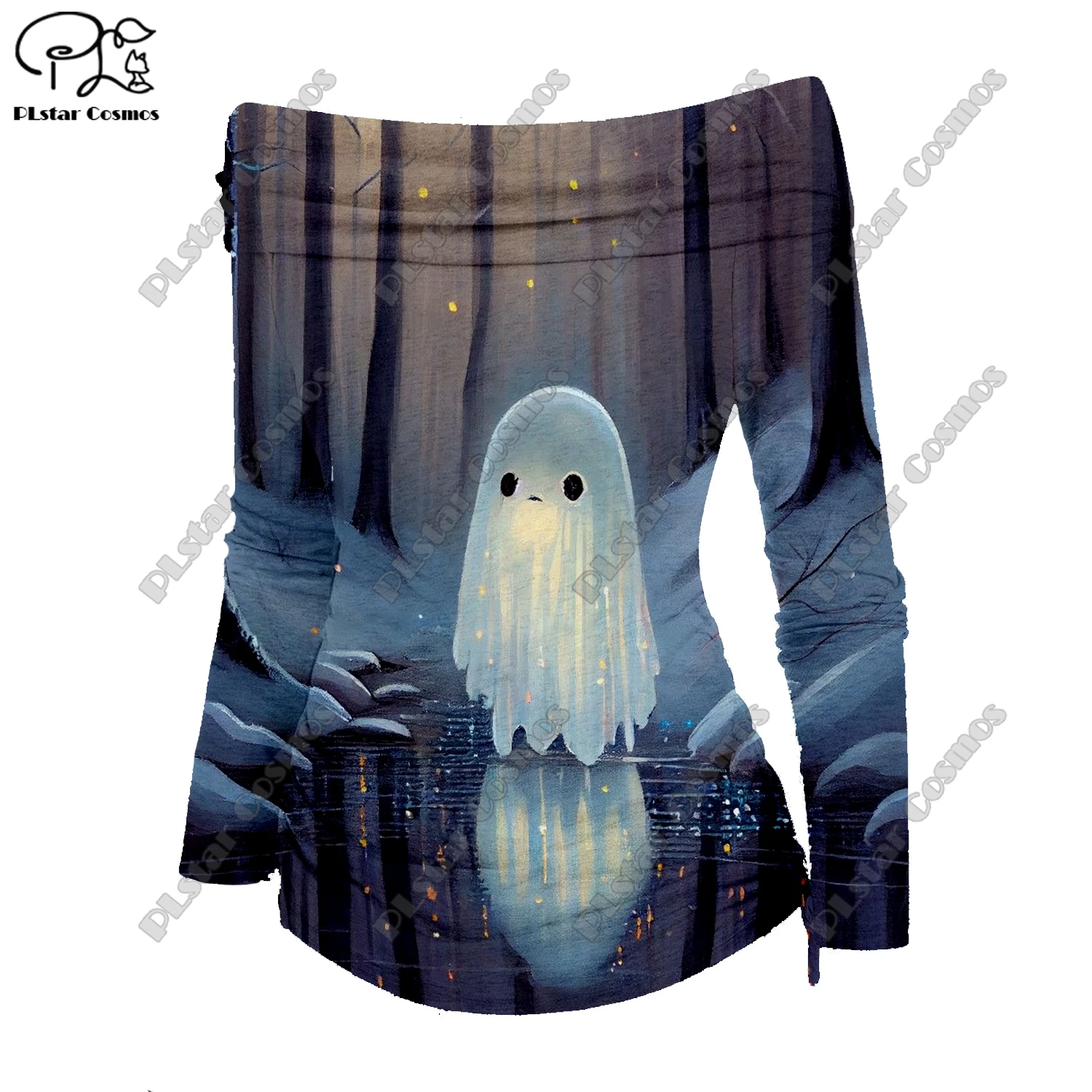 PLstar Cosmos 3D printed horror series cute ghost skull pattern art print off-shoulder pleated tight T-shirt women's casual top