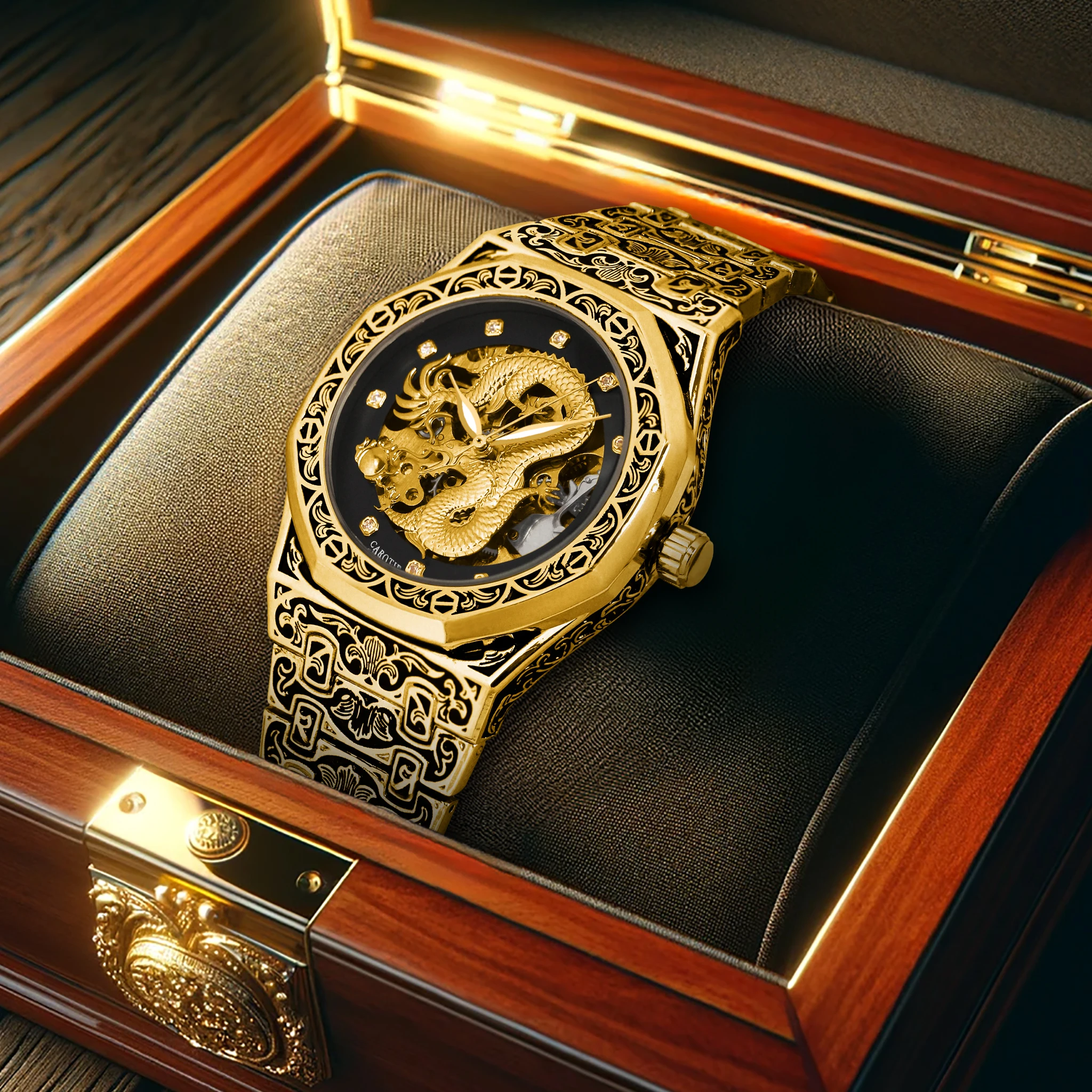 

New Men's Watch Black Gold Steel Strip Business Style Mature Night Light Fully Automatic Golden Dragon Carving Mechanical Watch