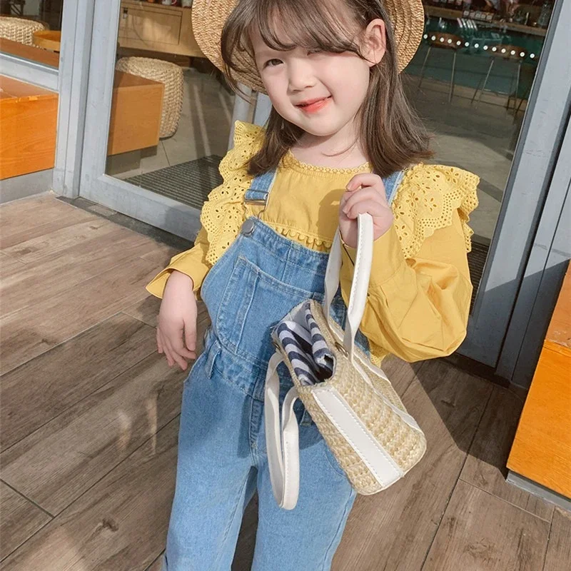 

Girls Jeans Spring Autumn Denim Kids Overalls Korean Lace Girls Shirts Princess Children Casual Costumes Toddler Girl Pants 2-7Y