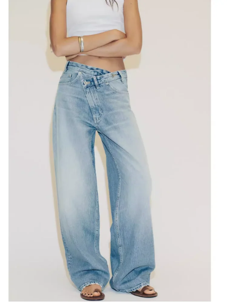 جينز نسائي عالي الخصر واسع الساق فضفاض مناسب لصديقها Sle كاجوال من القطن بسحاب كيت لون نقي للفصول الأربعة لون عميق