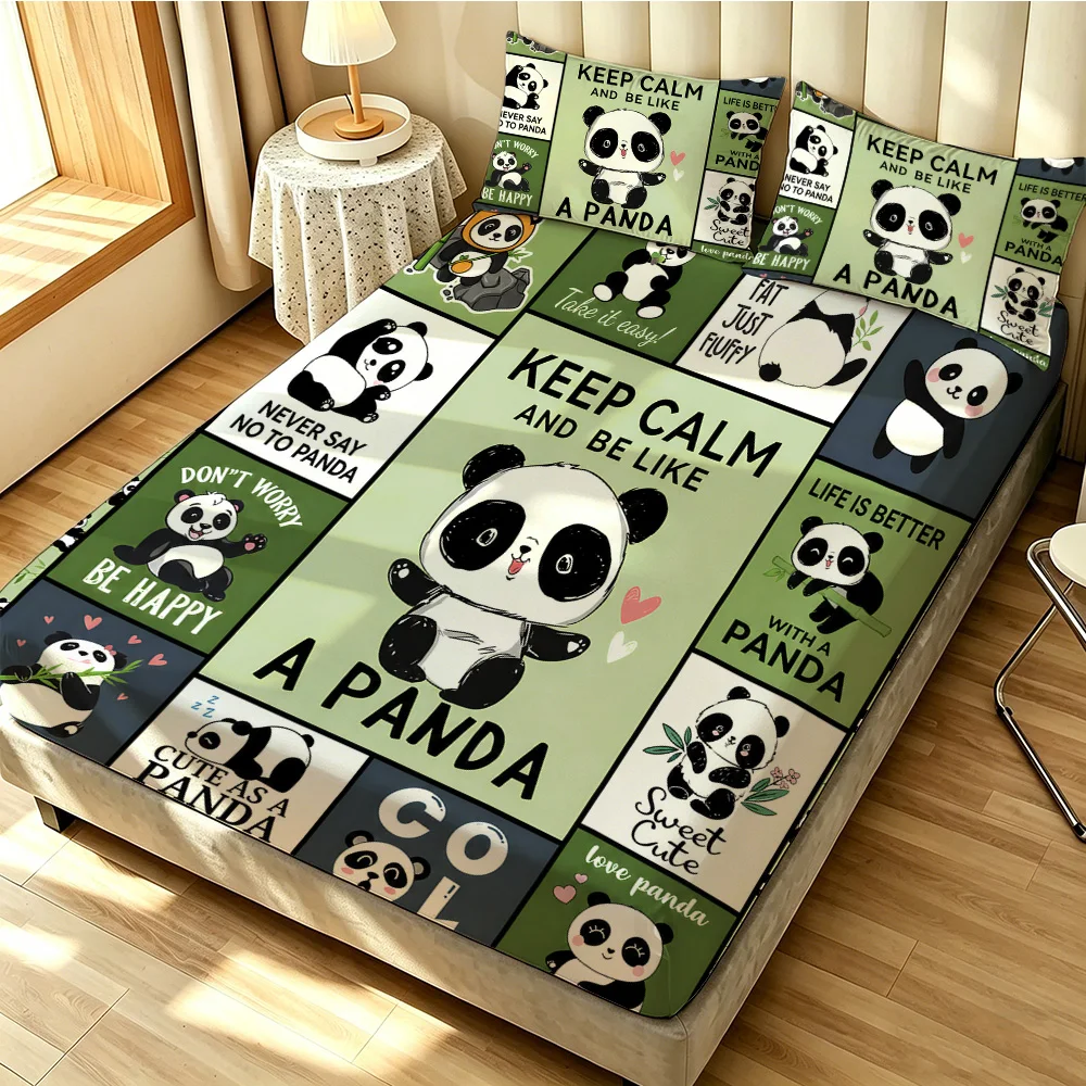 Cute Panda Fitted Sheet 3PCS Set Cartoon Panda Pattern Bedding Set 1 Fitted Sheet + 2 Pillowcases for Kids Room