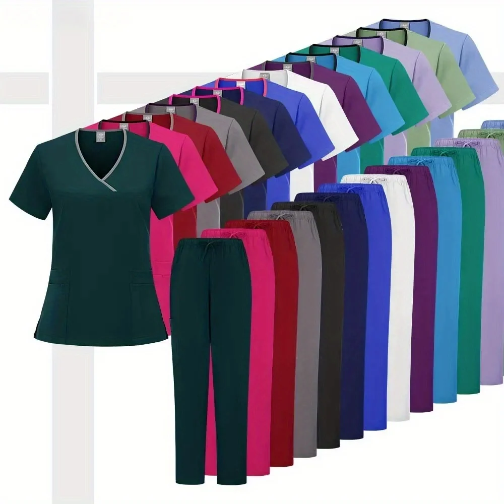 الطبيب والممرضة الإناث بالجملة عارضة قصيرة الأكمام الخامس الرقبة السراويل الرياضية مستشفى الحيوانات الأليفة الصيدلة العمل موحدة مجموعة