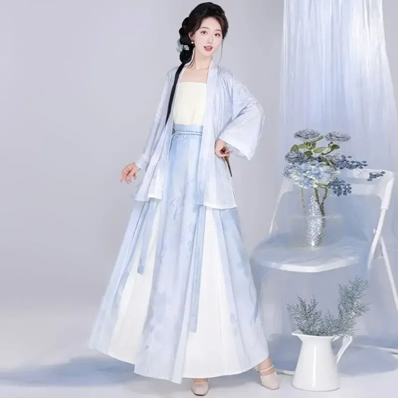 New Chinese Style Improved Hanfu Dress Women Blue Light Coat White Tube Purple Floral Print Skirt Vestidos Elegantes Para Mujer