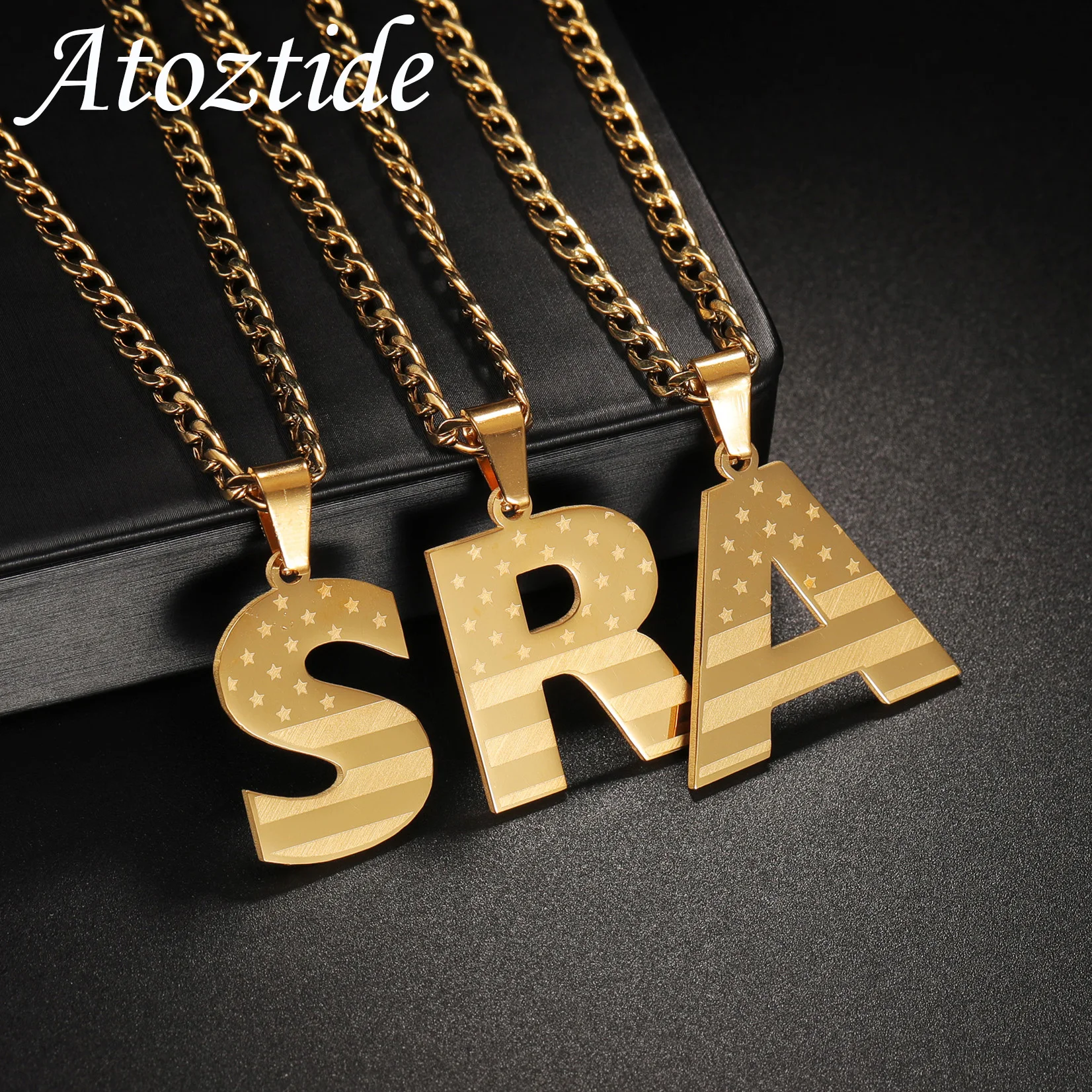 Atoztide Personalized Custom American Flag Necklace for Women Stainless Steel Trump MAGA Pendant Choker Link Chain Jewelry Gift