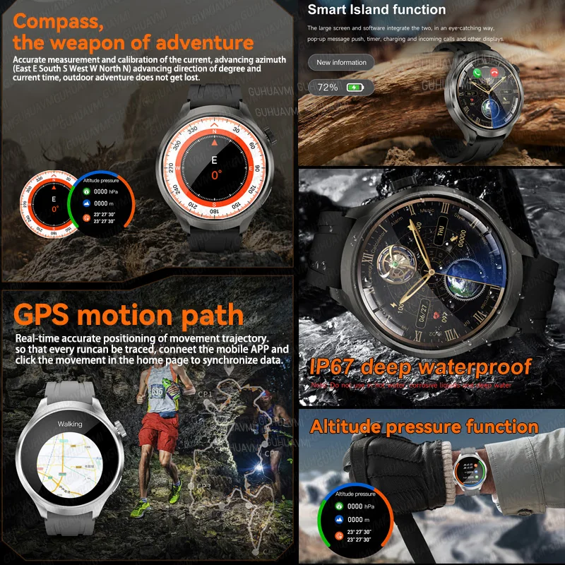 2025 New Military GPS Sports Smart Watches Man 1.85 AMOLED Screen Compass Altimeter Heart Rate BP NFC Bluetooth Call Smart Watch