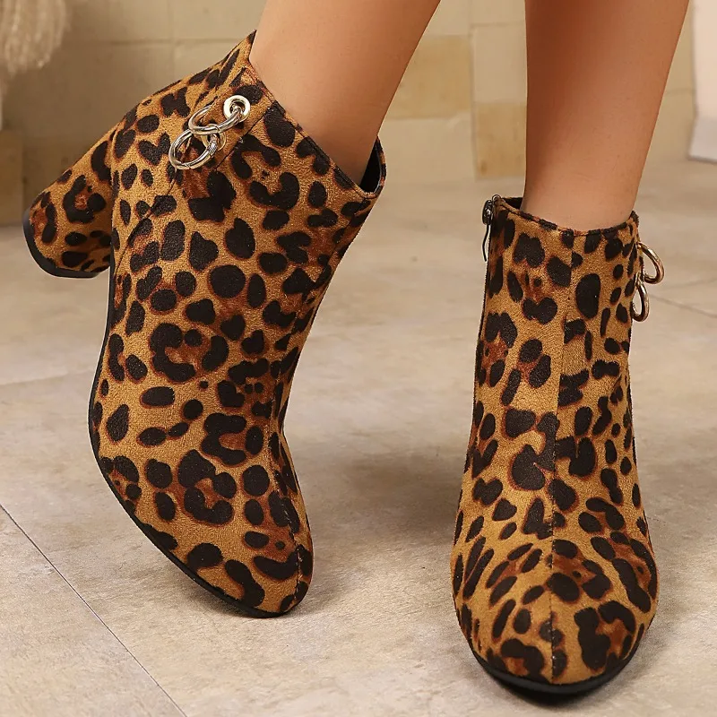 

High Heeled Short Boots Autumn and Winter New Item Large Leopard Print Fashionable Zipper Short Tube Women Boot Zapatos De Mujer