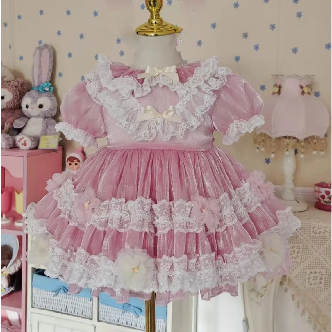 

0-12Y Baby Girl Pink Mesh Vintage Princess Dress for Holiday Birthday Photography B364