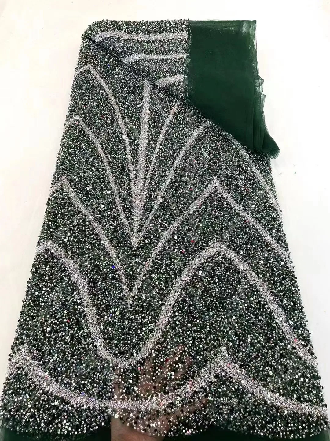 

Green Luxurious African Groom Sequins Lace Fabric, Heavy Beads Embroidery, French Tulle, Wedding Dress, High Quality, 2024