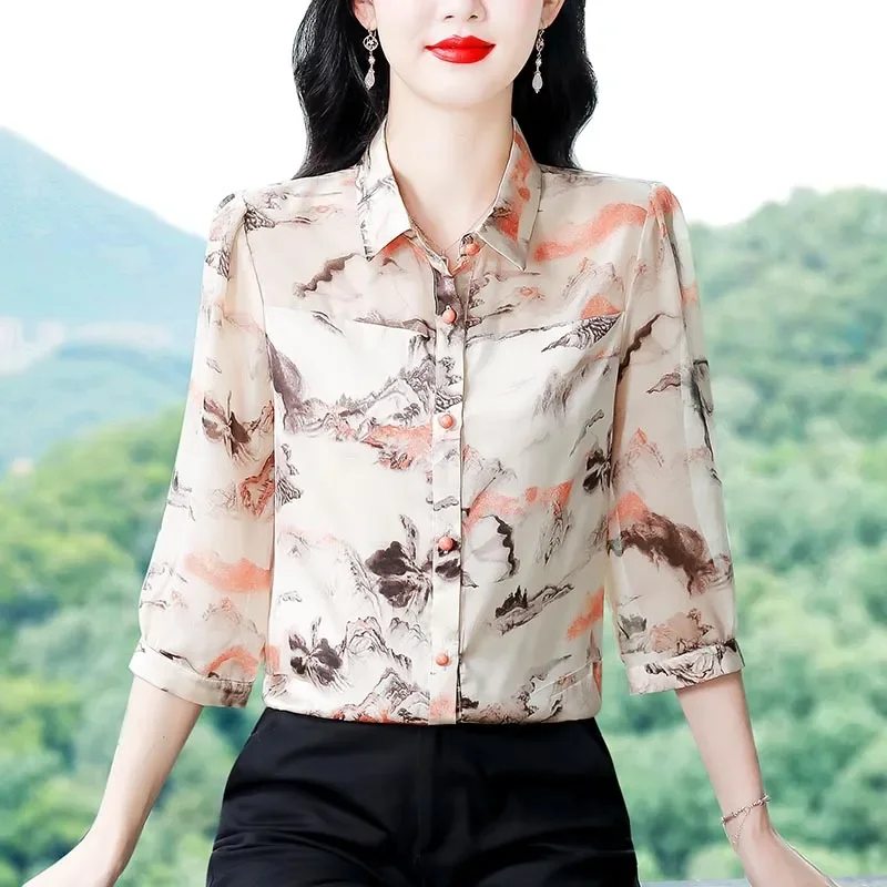 

Женская блузка с чернильным пейзажным принтом и воротником из шифона с рукавами 3/4, офисный топ в китайском стиле в стиле ретро