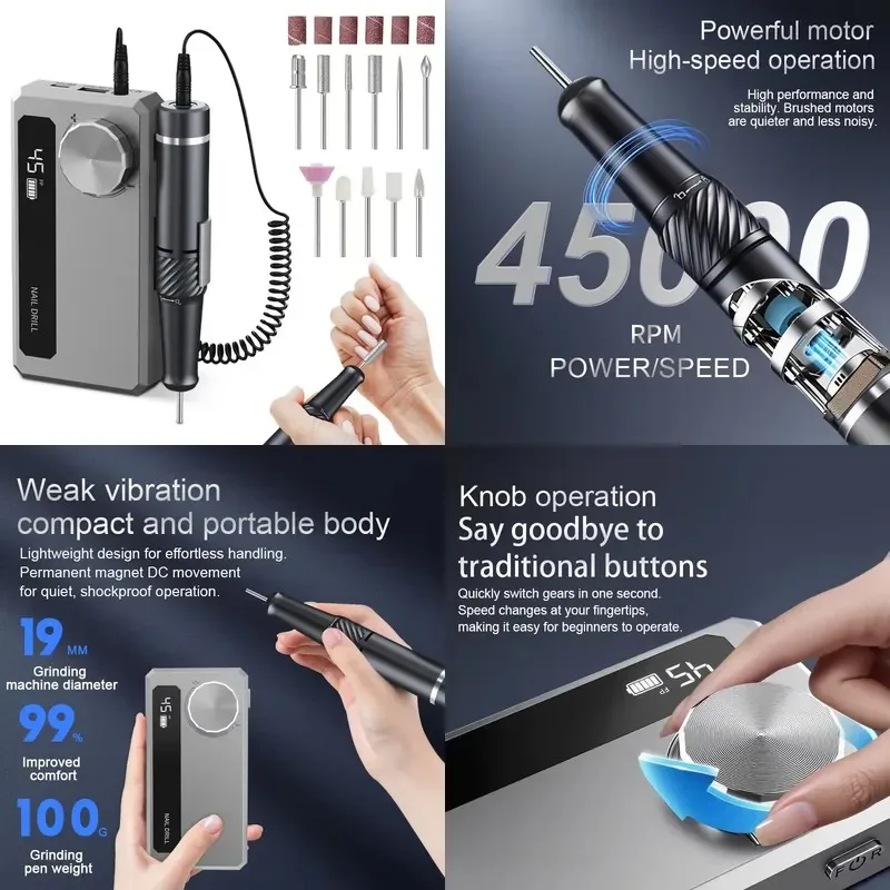 Professional 45000 RPM Rechargeable Electric Nail Drill Manicure Tool for Salon and Household Use