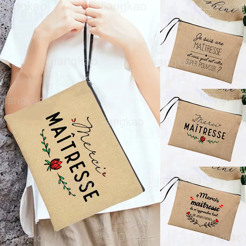 French Print Simple Linen Wristlet Clutch Bag Beach Holiday Travel Organizer Makeup Case Stationery Storage Bags Teacher Gifts