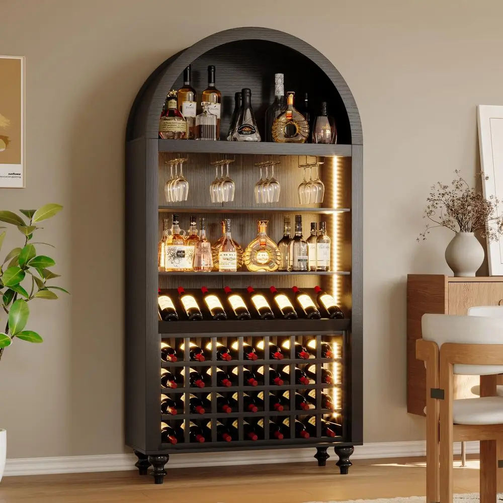 

Tall Arched Wine Bar Cabinet with Wine Racks amp Glass Holder, Wide Liquor Cabinets with LED Lights amp Charing Ports, Kitchen