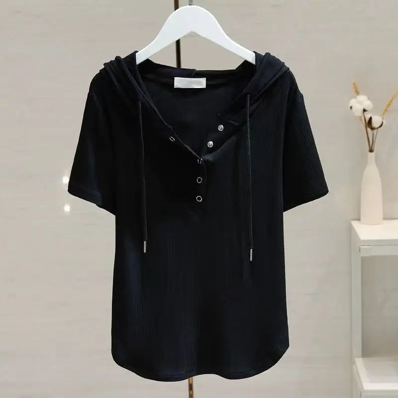 Hooded Short Sleeve T-shirts Women Streetwear Summer Tops College Females Fashion Korean New Arrival Pure All-match Drawstring