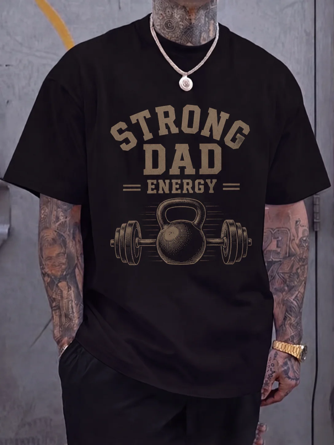 

Men Graphic Tee Short Sleeve Classic Fit Strong Dad Energy Vintage Kettlebell Print Gym Workout Streetwear Casual Everyday Wear
