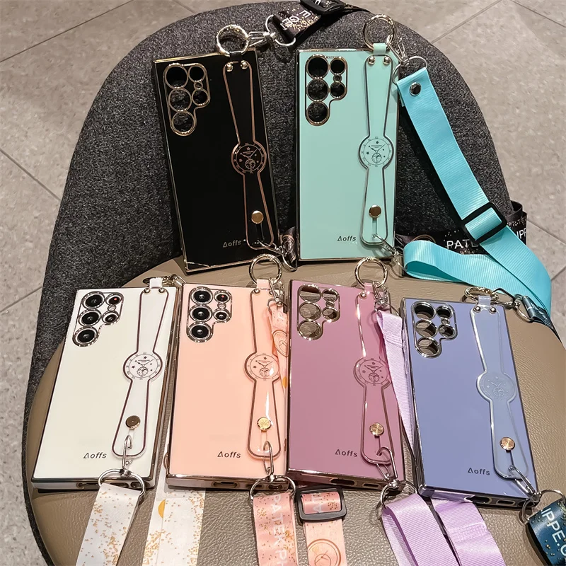 S20 S21FE Note 10 20 S22 Ultra Cover Crossbody Electroplated Clock Phone Holder Case para Samsung A52S 32 12 72 50 70 13 33 53 73