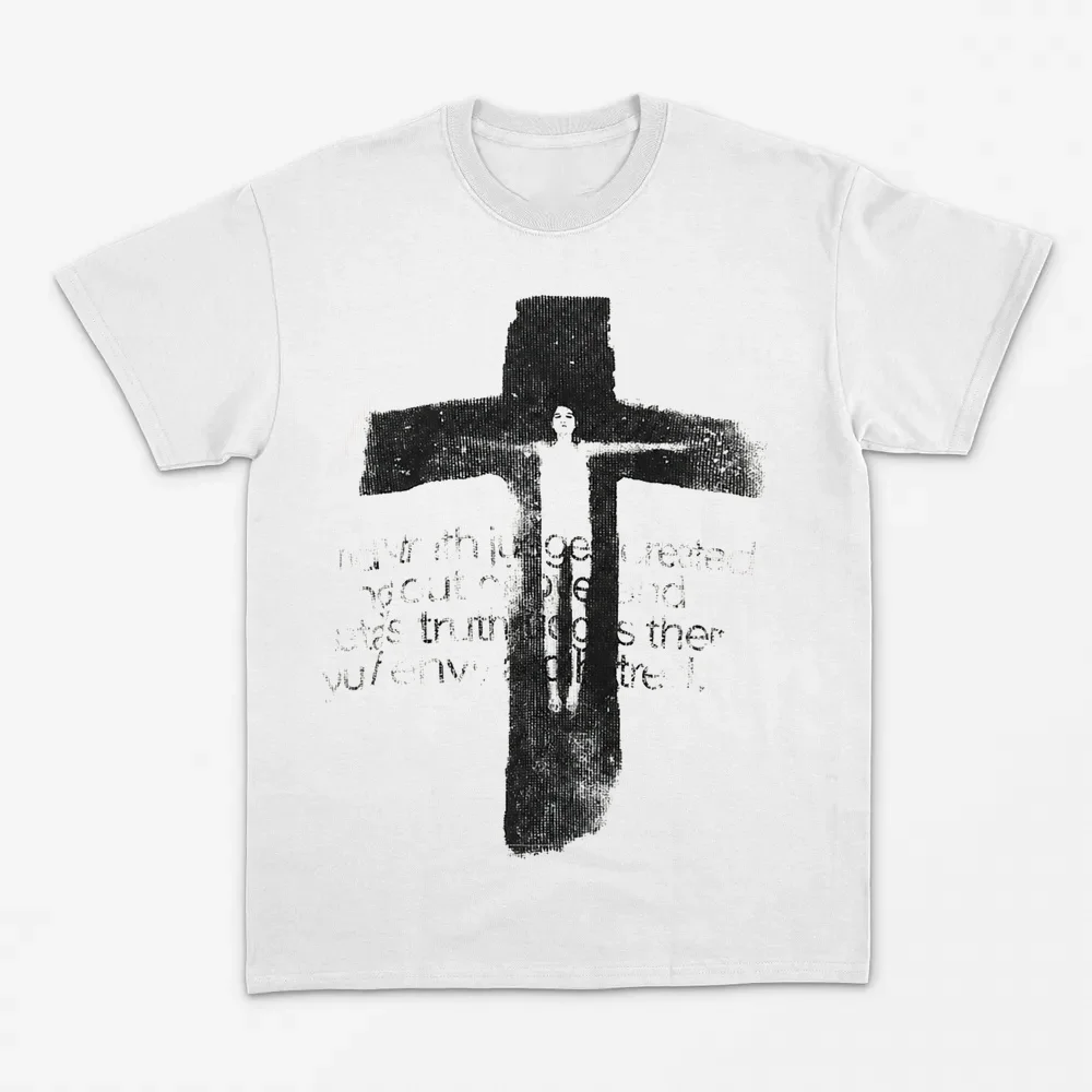 Distressed Cross and Human Silhouette Print T-Shirt  Unisex Short-sleeved Retro Street Y2K Casual Fashion Tops Clothing Tees