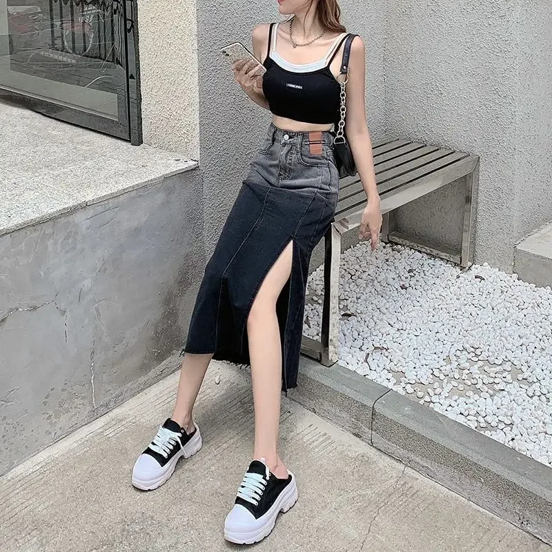 

Джинсовые юбки с высокой талией для женщин с разрезом, плотная женская джинсовая юбка миди, распродажа одежды, лето 2024, корейский стиль, премиум-класса V