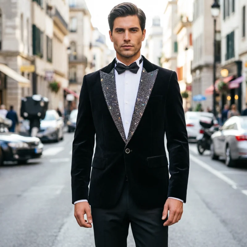 

Модный мужской черный бархатный пиджак, роскошный приталенный блейзер для свадьбы, выпускного, выступлений на сцене и официальных мероприятий