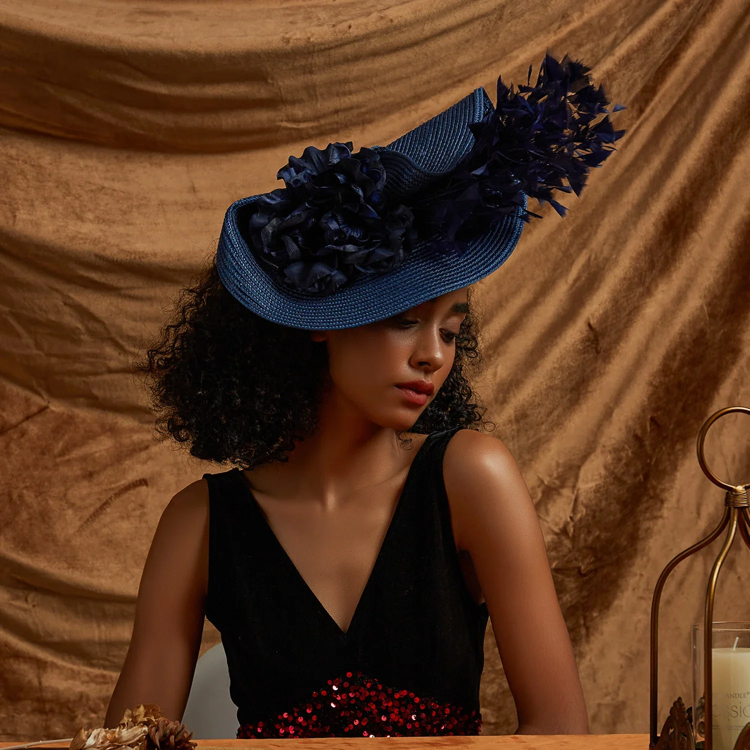Flocked Veiled Cocktail Hat Silk Flower Feather Navy Wedding Navy Blue Silk Flower Sinamay Fascinator Hat With Veil and  main image 2