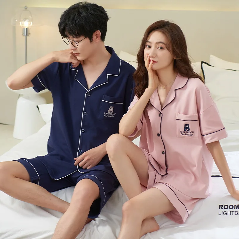 Korean Fashion Couples Sleepwear Women's Short Sleeping Tops Shorts Pajamas Set Men's Loungewear Hombre Pjs 2023 New Style