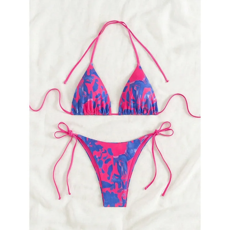 

Сексуальный розовый микро-бикини с градиентным эффектом тай-дай 2025: женский купальник с лифом-халтером, пуш-ап и стрингами, летний треугольный купальник для плавания