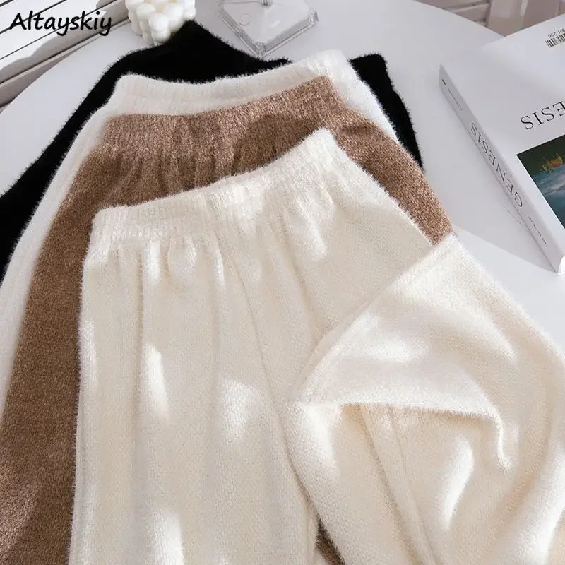 

S-5XL Casual Pants Women Cozy Knitted Soft Winter Gentle Simple Streetwear High Waist Classic All-match Teens Ulzzang Trousers