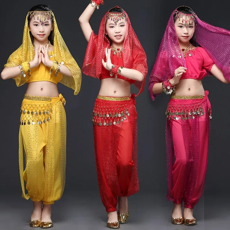 Costume de danse du ventre indien en mousseline de soie pour enfants, ensemble de 6 pièces pour spectacle d'halloween, tenues en tissu de danse pour enfants, 3 options de couleurs
