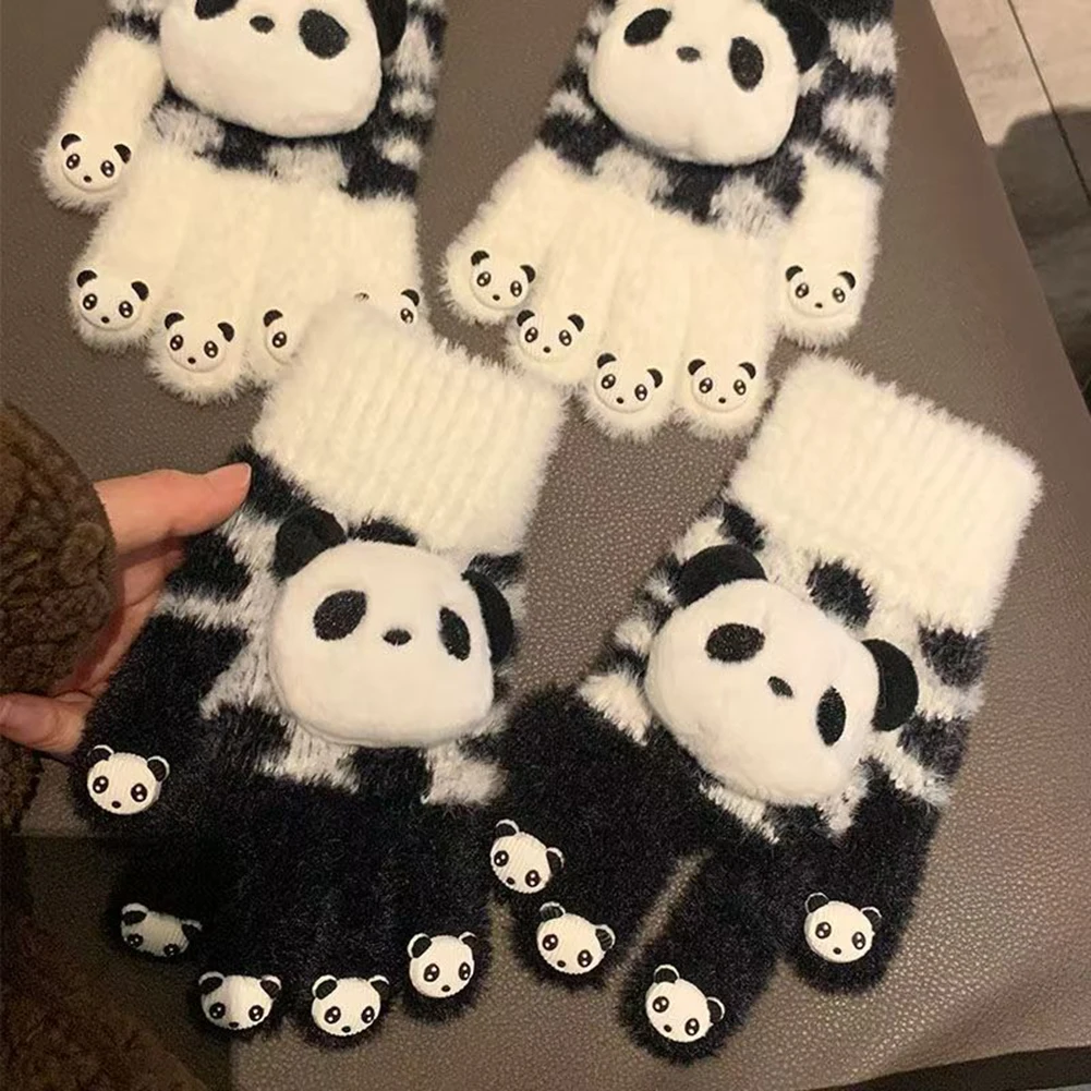 Fluffy Knitted Thermal Winter Gloves Panda Full Finger Protection Ultra-Soft & Cozy Thermal Warmth For Daily Winter Commuting